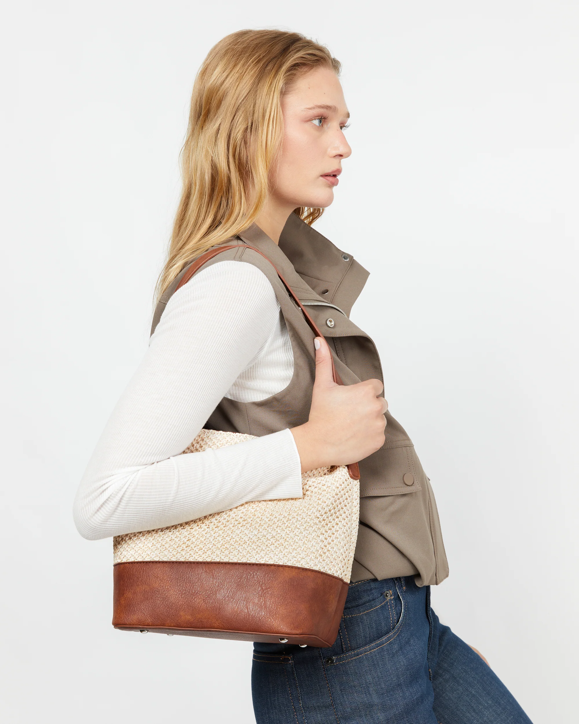 Esteni bolso de hombro pequeño efecto rafia con asa bandolera extraíble ED. - Image 2